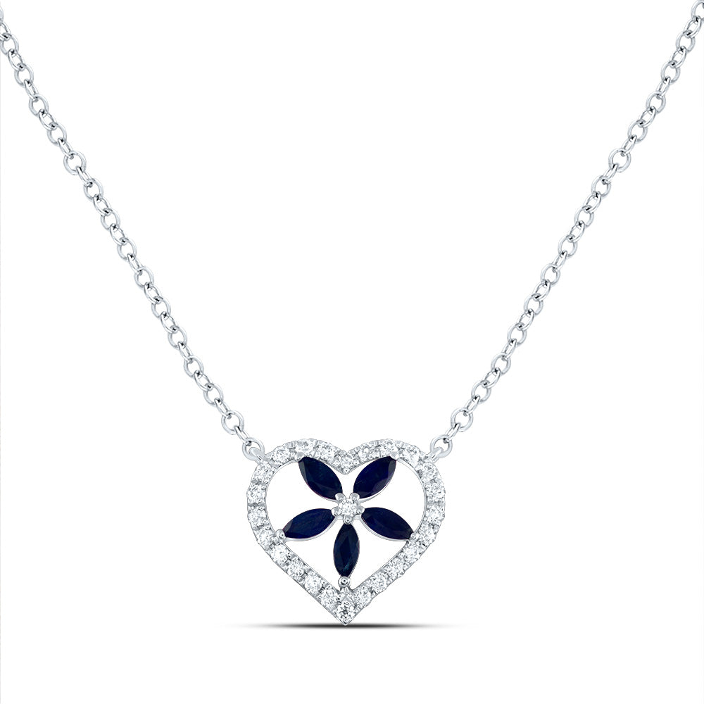 14kt White Gold 1/6 Cttw Diamond Ana M and 1/4 Cttw-Marquise Blue Sapphire Natural Gem Necklace, Length: 18 Inch