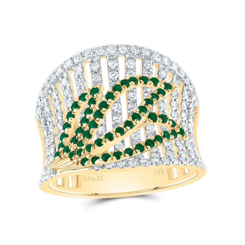 14kt Yellow Gold 1 Cttw Diamond Ana M and 1/3 Cttw Round Emerald Natural Wedding Engagement Anniversary Gem Ring, Women Size: 5-9