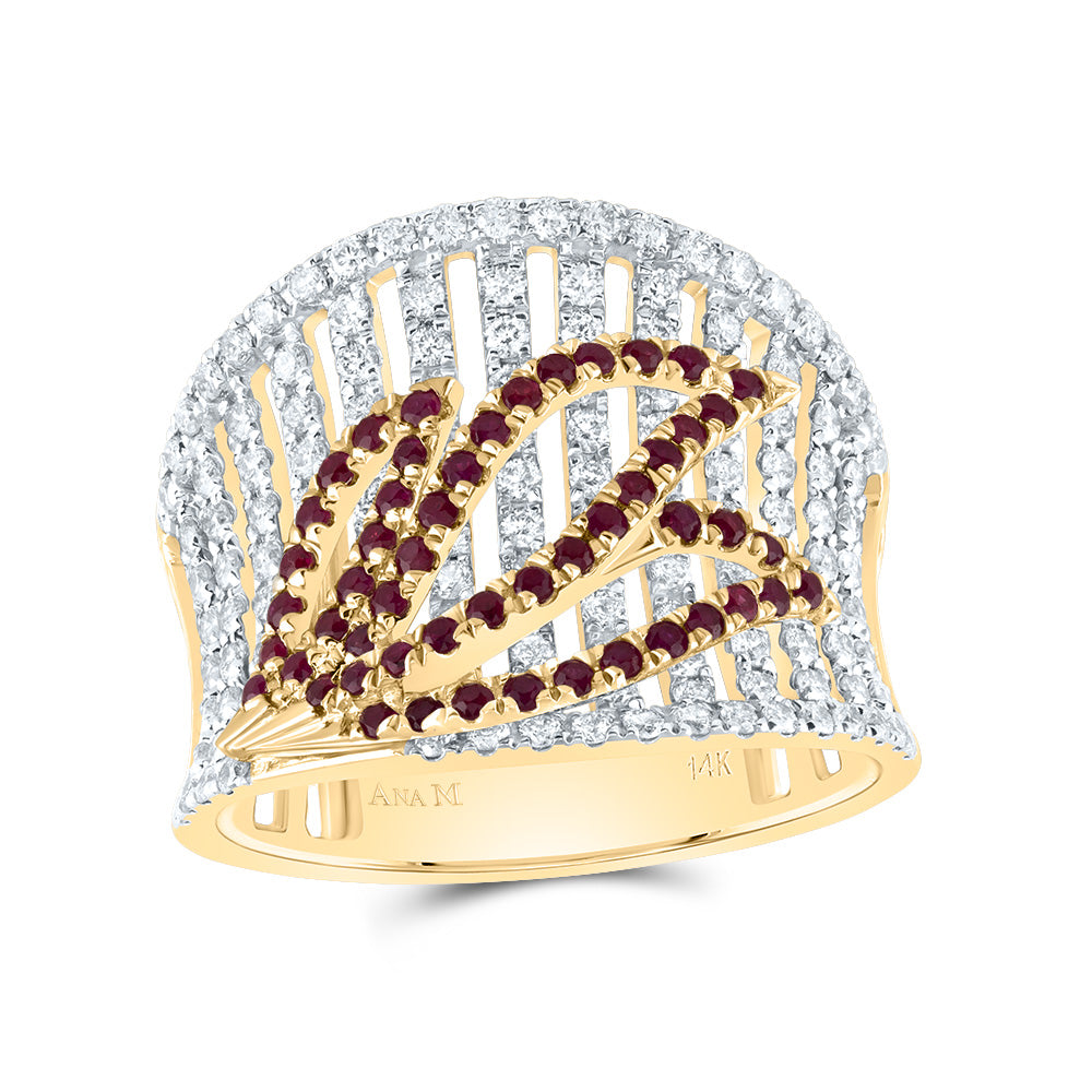 14kt Yellow Gold 1 Cttw Diamond Ana M and 1/2 Cttw Round Ruby Natural Wedding Engagement Anniversary Gem Ring, Women Size: 5-9