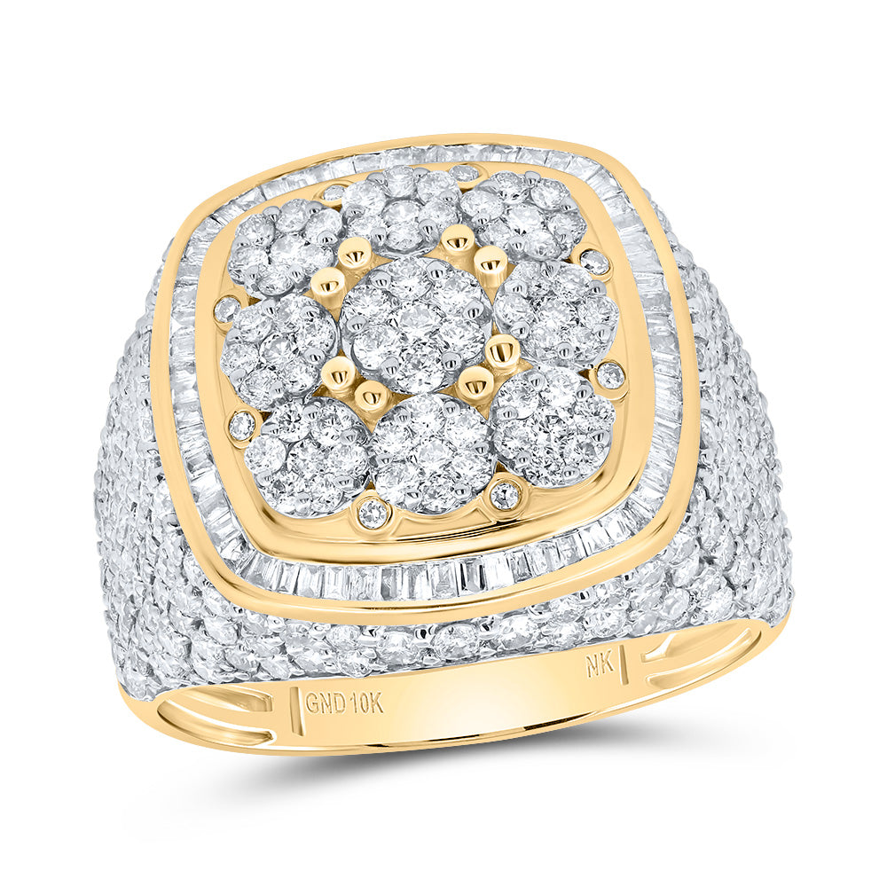 10kt Yellow Gold 3 Cttw Diamond Cushion Head Flower Mens Ring, Men Size: 8-12