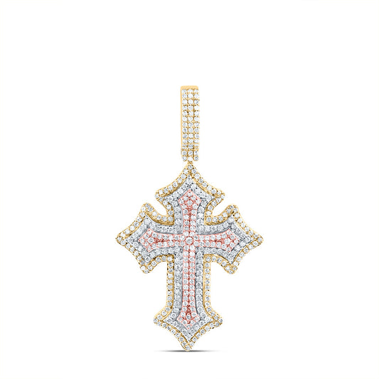 10kt Tri-tone Gold 1 3/4 Cttw Diamond Cross Mens Charm