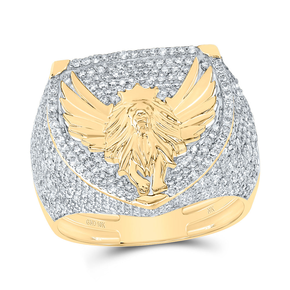 10kt Yellow Gold 1 7/8 Cttw Diamond Lion Mens Ring, Men Size: 8-12