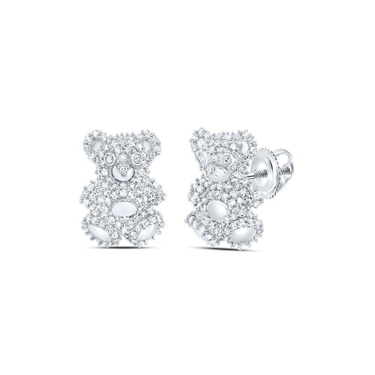 10kt White Gold 3/4 Cttw Diamond Fashion Teddy Bear Stud Earring