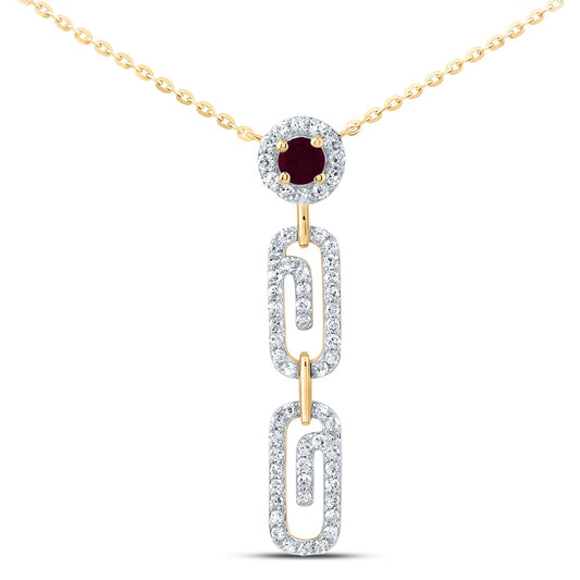 10kt Yellow Gold 1/4 Cttw Natural Diamond 3mm Round Ruby Natural Gem Paper Clip Necklace, Length: 18 Inch