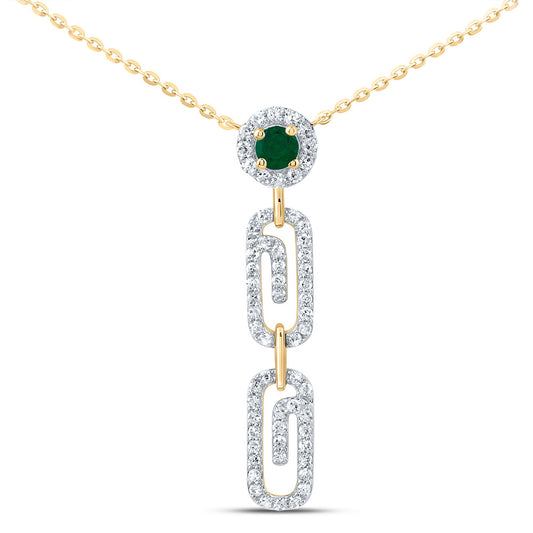 10kt Yellow Gold 1/4 Cttw Natural Diamond 3mm Round Emerald Natural Gem Paper Clip Necklace, Length: 18 Inch