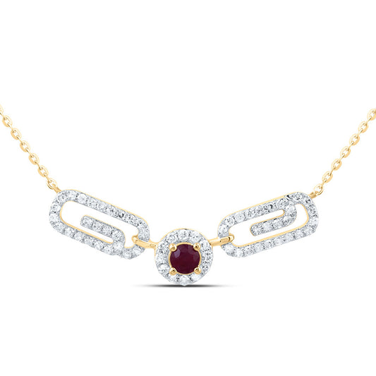 10kt Yellow Gold 1/4 Cttw Natural Diamond 3mm Round Ruby Natural Gem Paper Clip Necklace, Length: 18 Inch