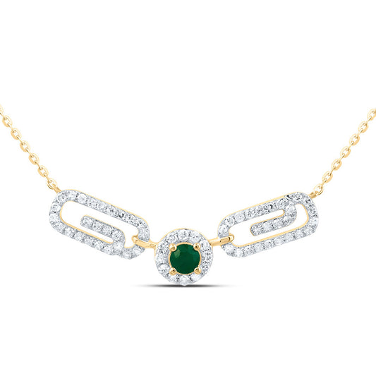 10kt Yellow Gold 1/4 Cttw Diamond 3mm Round Emerald Natural Gem Paper Clip Necklace, Length: 18 Inch