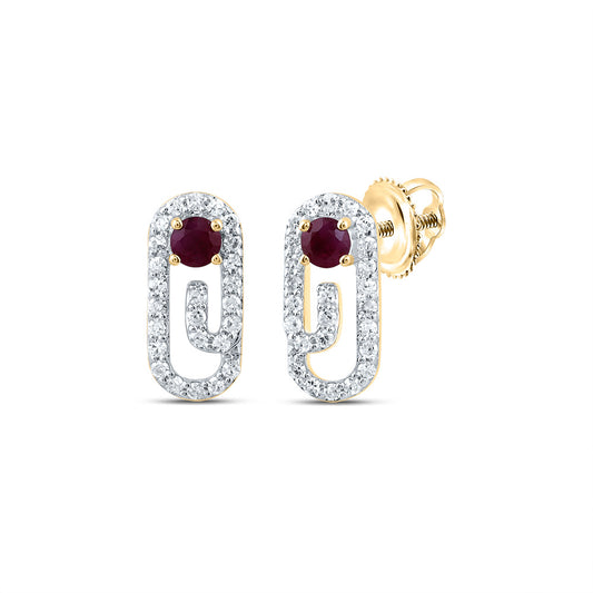 10kt Yellow Gold 1/5 Cttw Diamond 2.5mm Round Ruby Natural Gem Paper Clip Stud Earring