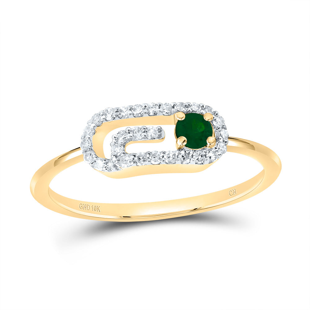 10kt Yellow Gold 1/8 Cttw Natural Diamond 3mm Round Emerald Natural Gem Paper Clip Wedding Engagement Anniversary Ring, Women Size: 5-9