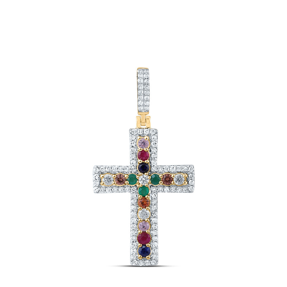 10kt Yellow Gold 1/3 Cttw Natural Diamond and 1/3 Cttw Round Natural Gem Multicolor Sapphire Cross Pendant