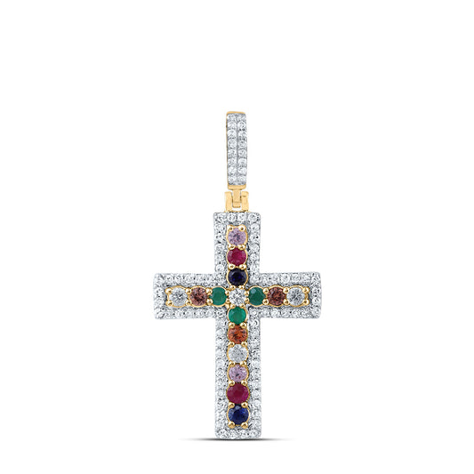 10kt Yellow Gold 1/3 Cttw Natural Diamond and 1/3 Cttw Round Natural Gem Multicolor Sapphire Cross Pendant