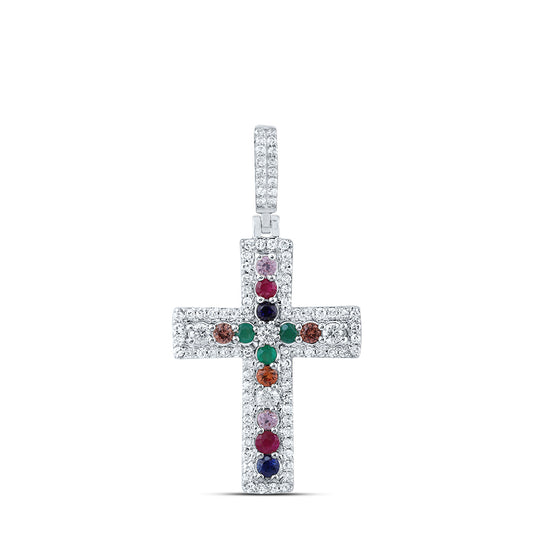 10kt White Gold 1/3 Cttw Natural Diamond and 1/3 Cttw Round Natural Gem Multicolor Sapphire Cross Pendant