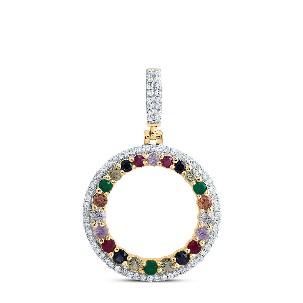 10kt Yellow Gold 1/5 Cttw Natural Diamond and 1/2 Cttw Round Natural Gem Multicolor Sapphire Round Pendant