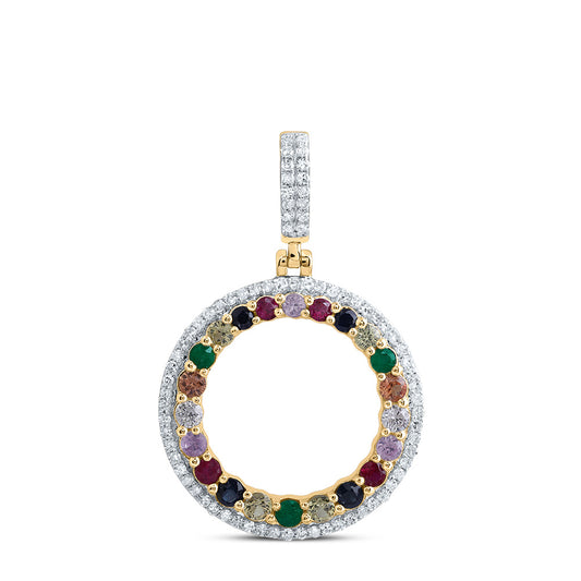 10kt Yellow Gold 1/5 Cttw Natural Diamond and 1/2 Cttw Round Natural Gem Multicolor Sapphire Round Pendant