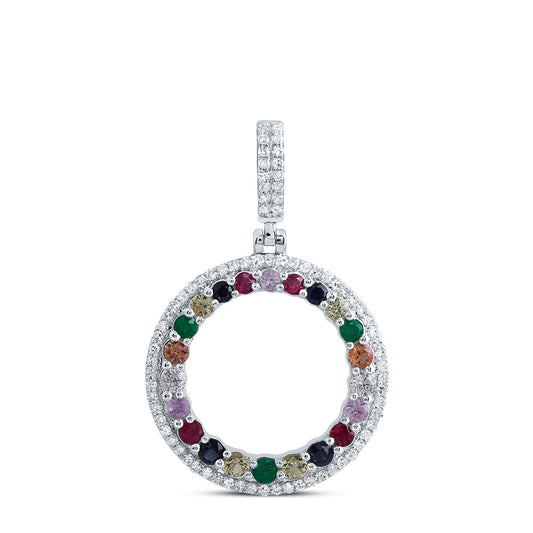 10kt White Gold 1/5 Cttw Natural Diamond and 1/2 Cttw Round Natural Gem Multicolor Sapphire Round Pendant