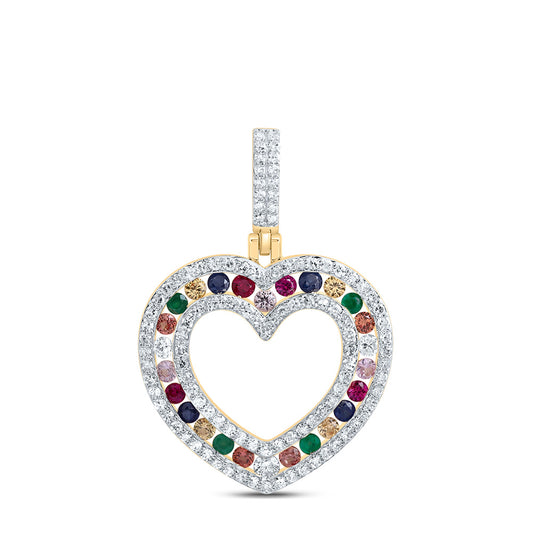 10kt Yellow Gold 1/3 Cttw Natural Diamond 3/8 Cttw Round Natural Gem Multicolor Sapphire Heart Pendant