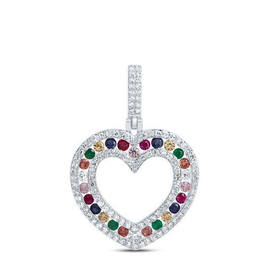 10kt White Gold 1/3 Cttw Natural Diamond 3/8 Cttw Round Natural Gem Multicolor Sapphire Heart Pendant