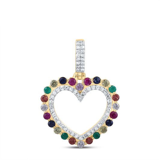 10kt Yellow Gold 1/5 Cttw Natural Diamond 3/8 Cttw Round Natural Gem Multicolor Sapphire Heart Pendant
