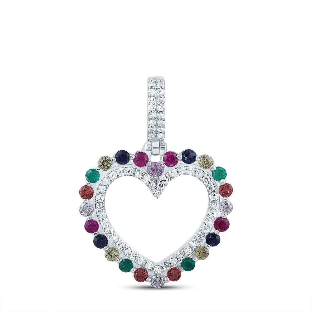 10kt White Gold 1/5 Cttw Natural Diamond 3/8 Cttw Round Natural Gem Multicolor Sapphire Heart Pendant