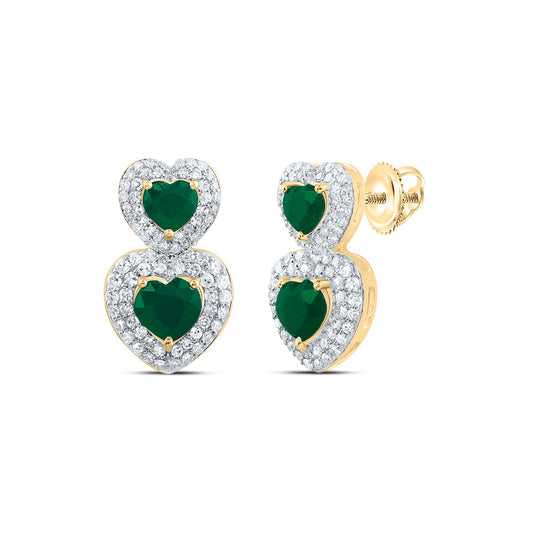 14kt Yellow Gold 1/2 Cttw Natural Diamond and 1 5/8 Cttw  Heart Emerald Natural Gem Fashion Heart Earring