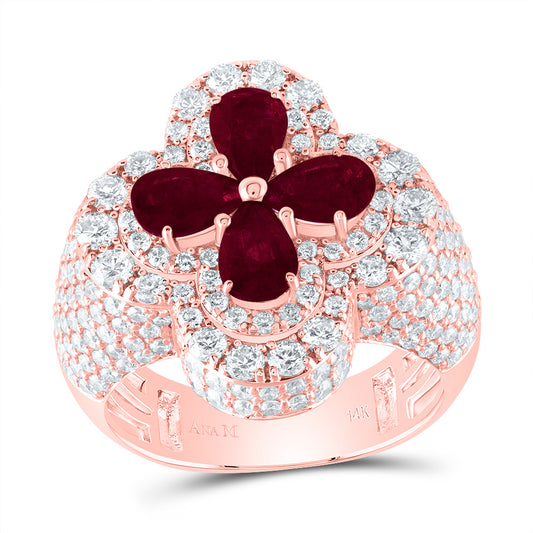 14kt Rose Gold 2 1/2 Cttw Diamond Ana M 2 Cttw Pear Ruby Natural Gem Clover Wedding Engagement Anniversary Ring, Women Size: 5-9