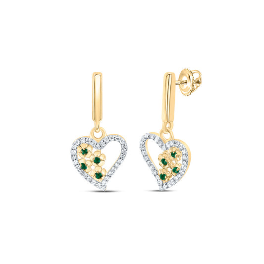10kt Yellow Gold 1/5 Cttw Natural Diamond and 1/20 Cttw Round Emerald Natural Gem Heart Dangling Earring