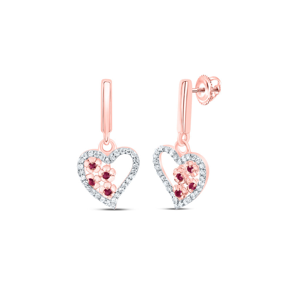 10kt Rose Gold 1/5 Cttw Natural Diamond and 1/20 Cttw Round Ruby Natural Gem Heart Dangling Earring