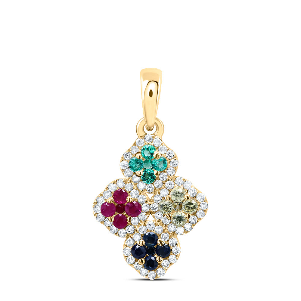 10kt Yellow Gold 1/6 Cttw Diamond and 1/4 Cttw Nat-gem Multicolor Clover Pendant