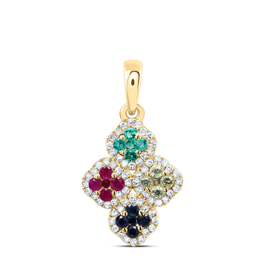 10kt Yellow Gold 1/6 Cttw Diamond and 1/4 Cttw Nat-gem Multicolor Clover Pendant