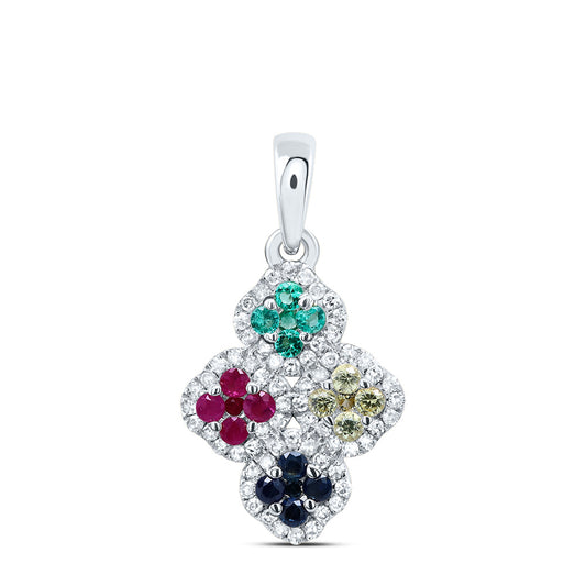 10kt White Gold 1/6 Cttw Diamond and 1/4 Cttw Nat-gem Multicolor Clover Pendant