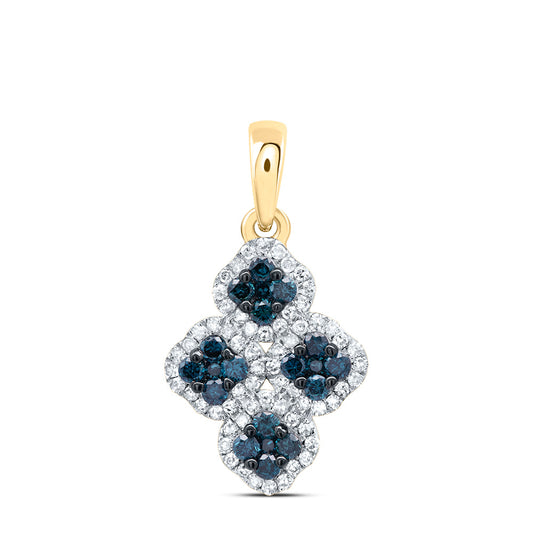 10kt Yellow Gold 3/8 Cttw Diamond Blue Diamond Clover Pendant