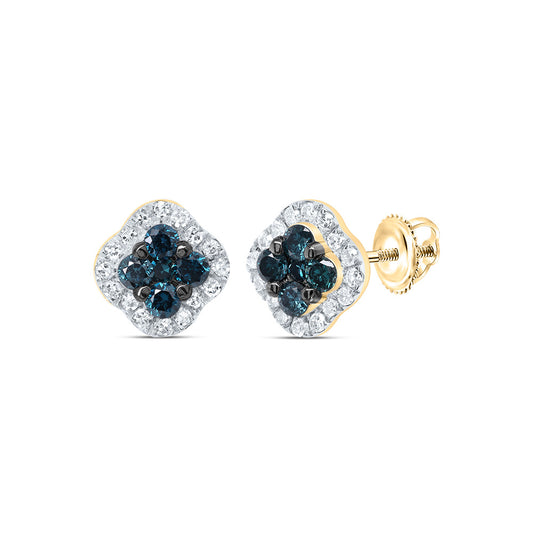 10kt Yellow Gold 1/3 Cttw Diamond Blue Diamond Clover Stud Earring
