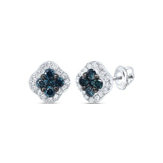 10kt White Gold 1/3 Cttw Diamond Blue Diamond Clover Stud Earring