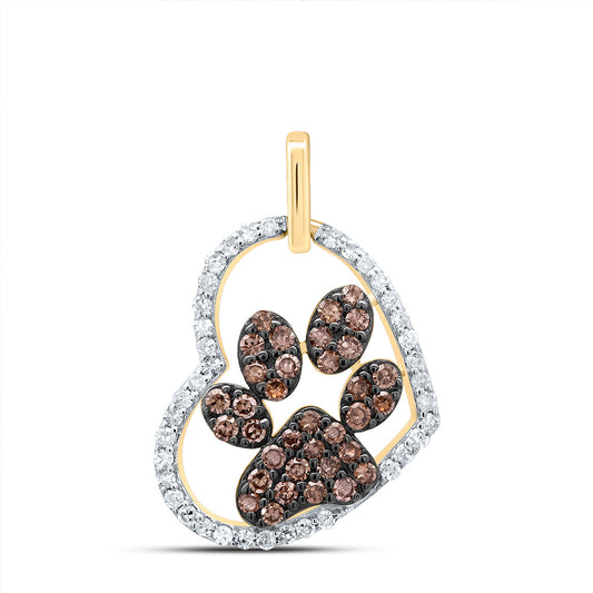 10kt Yellow Gold 1/4 Cttw Natural Diamond Cognac Natural Diamond Heart Paw Pendant
