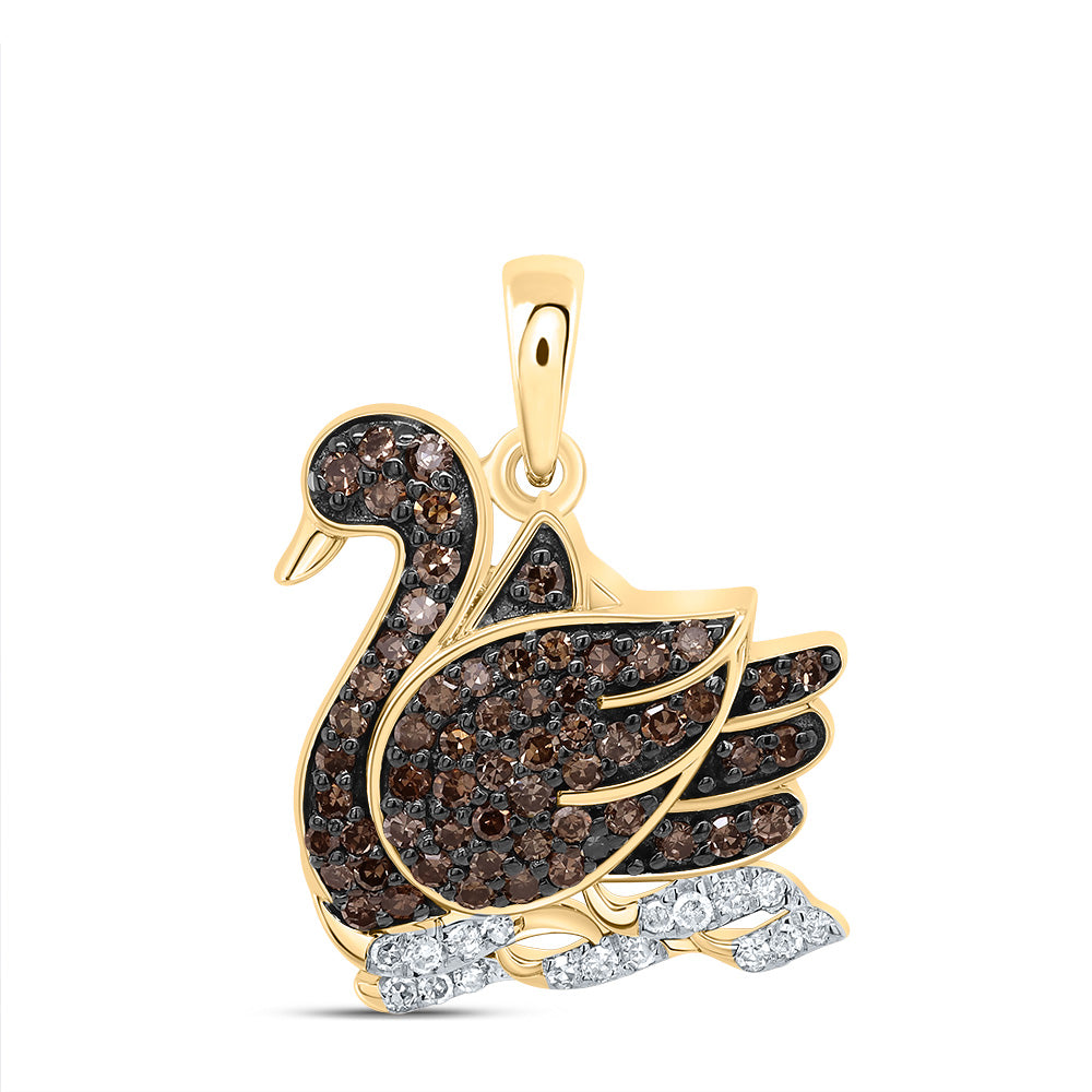 10kt Yellow Gold 1/3 Cttw Diamond Cognac Natural Diamond Swan Pendant