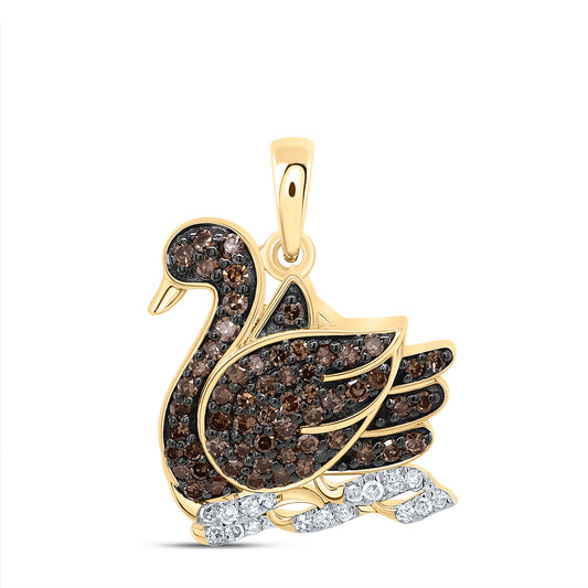 10kt Yellow Gold 1/3 Cttw Diamond Cognac Natural Diamond Swan Pendant