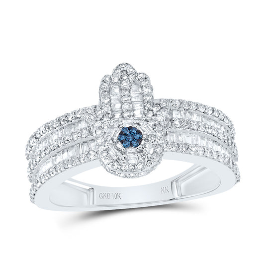 10kt White Gold 1 Cttw- Natural Diamond Fashion Blue Diamond Hamsa Wedding Engagement Anniversary Ring, Women Size: 5-9