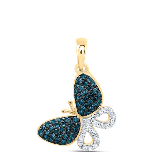 10kt Yellow Gold 1/4 Cttw Diamond Blue Diamond Butterfly Pendant