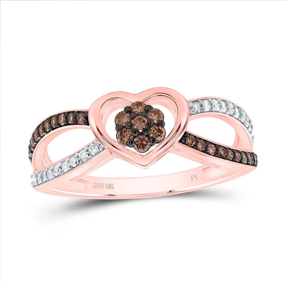 10kt Rose Gold 1/3 Cttw Natural Diamond Cognac Natural Diamond Heart Wedding Engagement Anniversary Ring, Women Size: 5-9