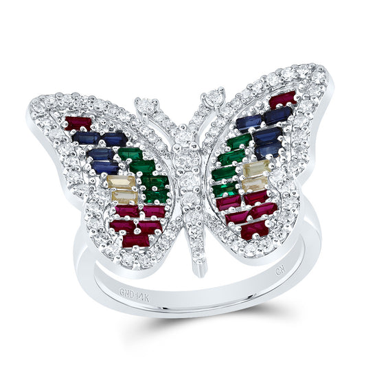 14kt White Gold 1/2 Cttw Diamond 3/4 Cttw Bag Natural Gem Multicolor Sapphire Wedding Engagement Anniversary Butterfly Ring, Women Size: 5-9