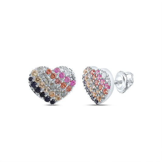 14kt White Gold 1/20 Cttw Natural Diamond and 1 1/2 Cttw Round Natural Gem Multicolor Sapphire Heart Stud Earring