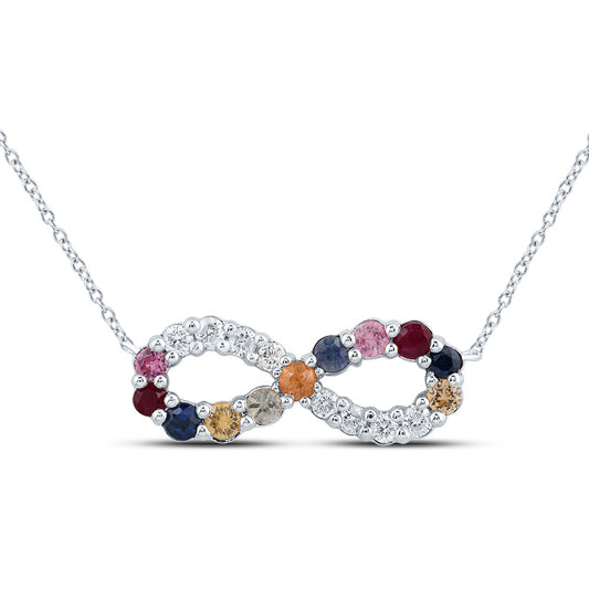14kt White Gold 1/8 Cttw Natural Diamond 3/8 Cttw Round Natural Gem Multicolor Sapphire Infinity Necklace, Length: 18 Inch