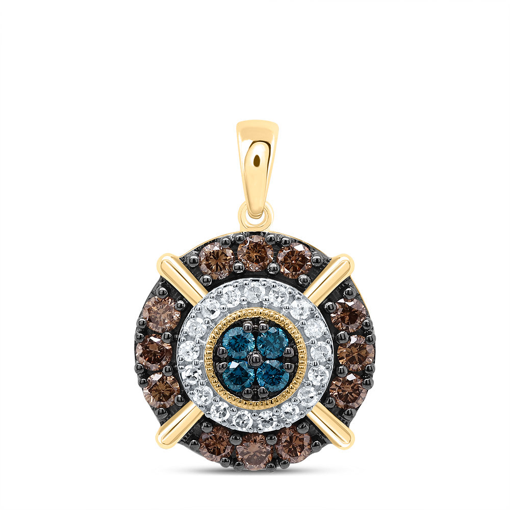 10kt Yellow Gold 5/8 Cttw Diamond Cognac Natural, Blue Diamond Round Pendant