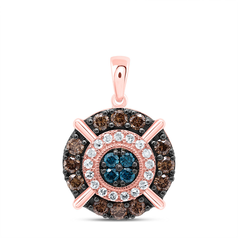 10kt Rose Gold 5/8 Cttw Diamond Cognac Natural, Blue Diamond Round Pendant