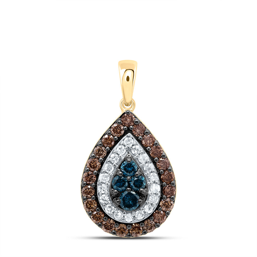 10kt Yellow Gold 5/8 Cttw Diamond Cognac Natural, Blue Diamond Pear Pendant