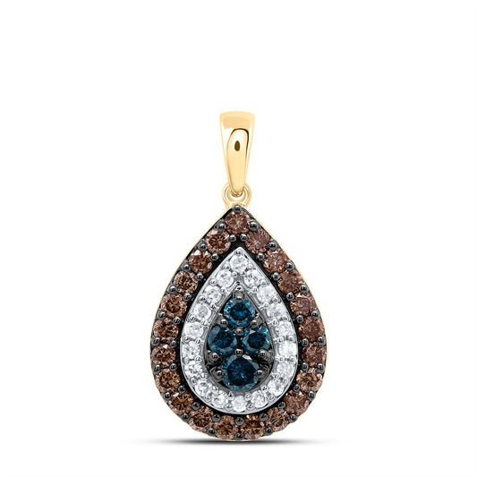 10kt Yellow Gold 5/8 Cttw Diamond Cognac Natural, Blue Diamond Pear Pendant