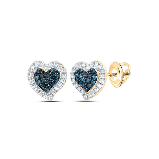 10kt Yellow Gold 1/4 Cttw Natural Diamond Blue Diamond Heart Stud Earring