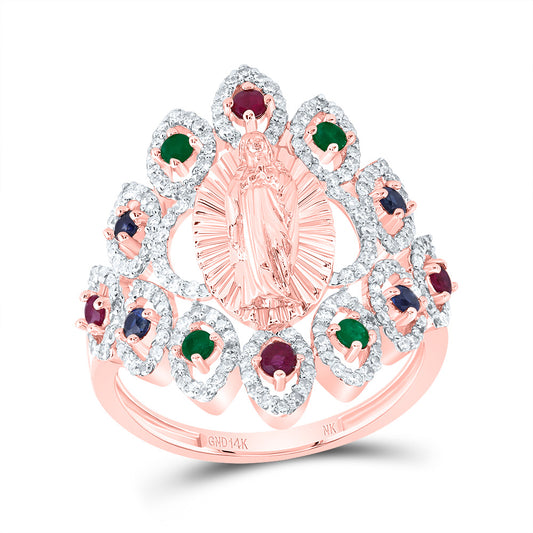 14kt Rose Gold 1/2 Cttw Diamond and 1/8 Cttw Round Ruby, 1/8 Cttw Round Blue Sapphire, 1/10 Cttw Round Emerald Natural Gem Virgin Mother Mary Wedding Engagement Anniversary Ring, Women Size: 5-9