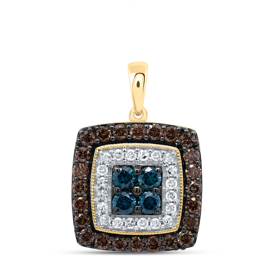 10kt Yellow Gold 3/4 Cttw Diamond Cognac Natural, Blue Diamond Square Pendant