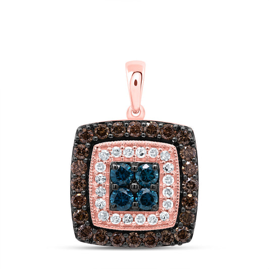 10kt Rose Gold 3/4 Cttw Diamond Cognac Natural, Blue Diamond Square Pendant